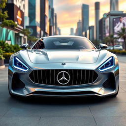 A futuristic design of a Mercedes car, featuring sleek aerodynamic lines, a bold chrome grille, and innovative LED lighting