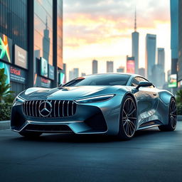 A futuristic design of a Mercedes car, featuring sleek aerodynamic lines, a bold chrome grille, and innovative LED lighting