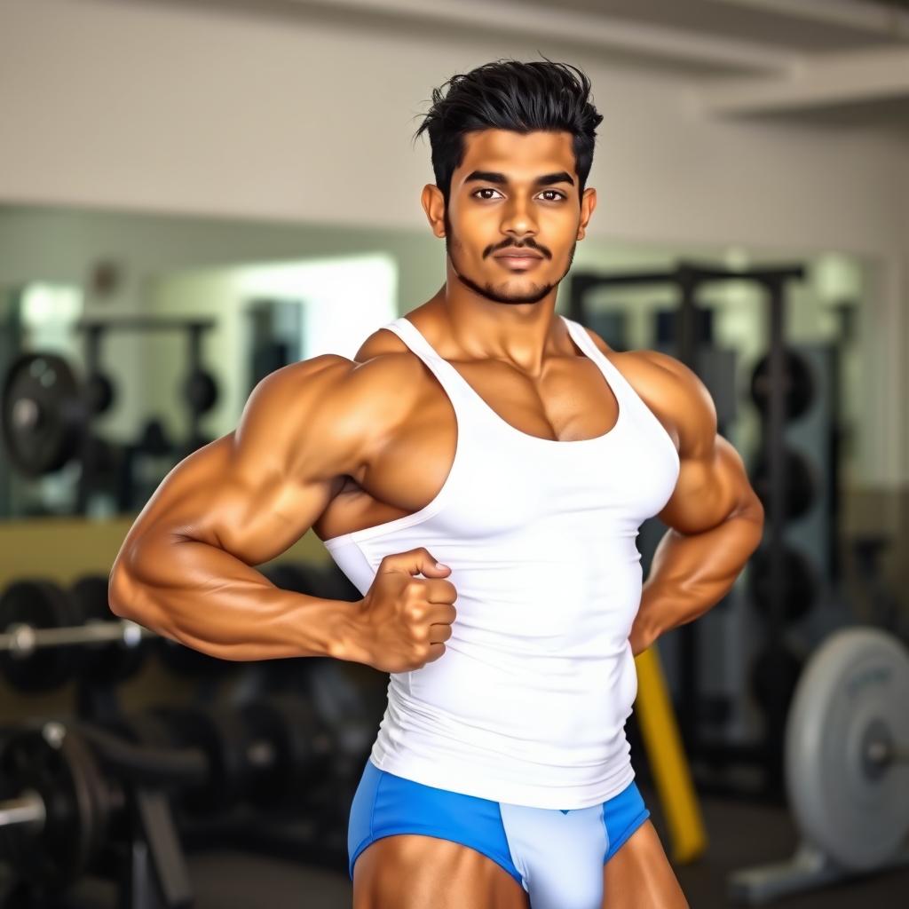 A young Indian male bodybuilder showing off his muscular physique, wearing a snug white vest that accentuates his toned arms and chest