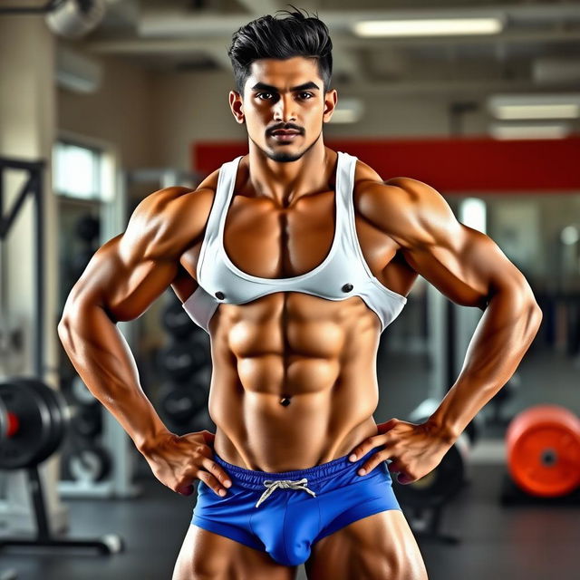 A young Indian male bodybuilder showing off his muscular physique, wearing a snug white vest that accentuates his toned arms and chest