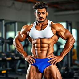 A young Indian male bodybuilder showing off his muscular physique, wearing a snug white vest that accentuates his toned arms and chest