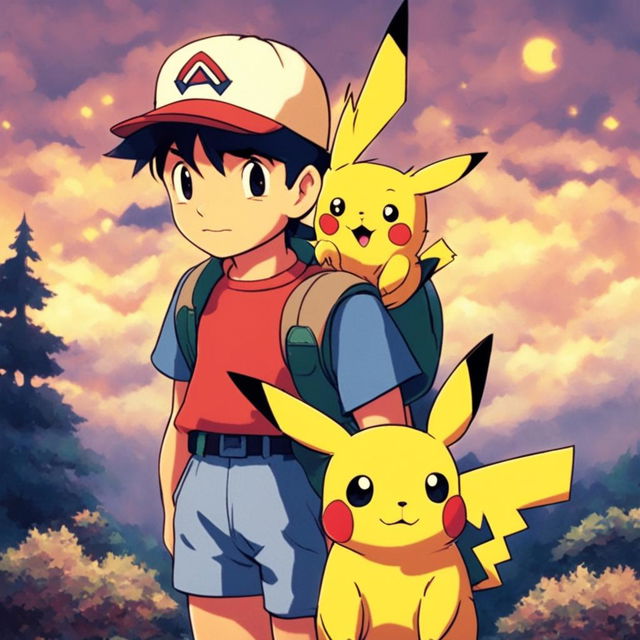 Ash Ketchum and Pikachu in a 90s retro, Studio Ghibli-style scene with a grainy filter effect.