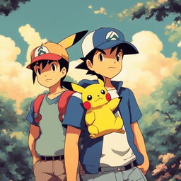 Ash Ketchum and Pikachu in a 90s retro, Studio Ghibli-style scene with a grainy filter effect.