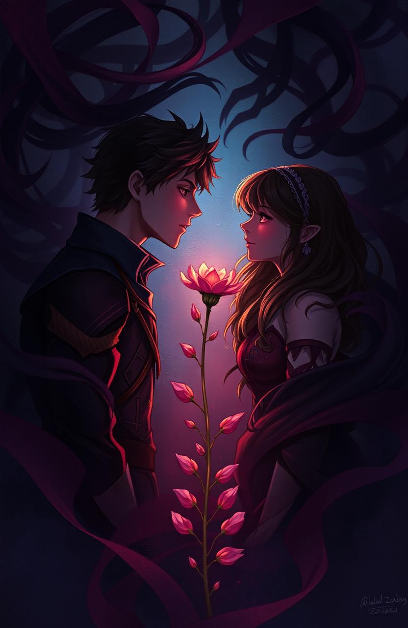 A dark and emotional illustration depicting two protagonists, Aiden and Zephyr, gazing intently at each other amidst swirling shadows that symbolize their intertwined past and destiny