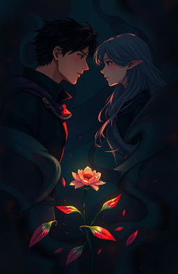 A dark and emotional illustration depicting two protagonists, Aiden and Zephyr, gazing intently at each other amidst swirling shadows that symbolize their intertwined past and destiny