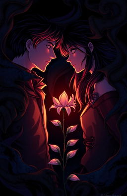 A dark and emotional illustration depicting two protagonists, Aiden and Zephyr, gazing intently at each other amidst swirling shadows that symbolize their intertwined past and destiny
