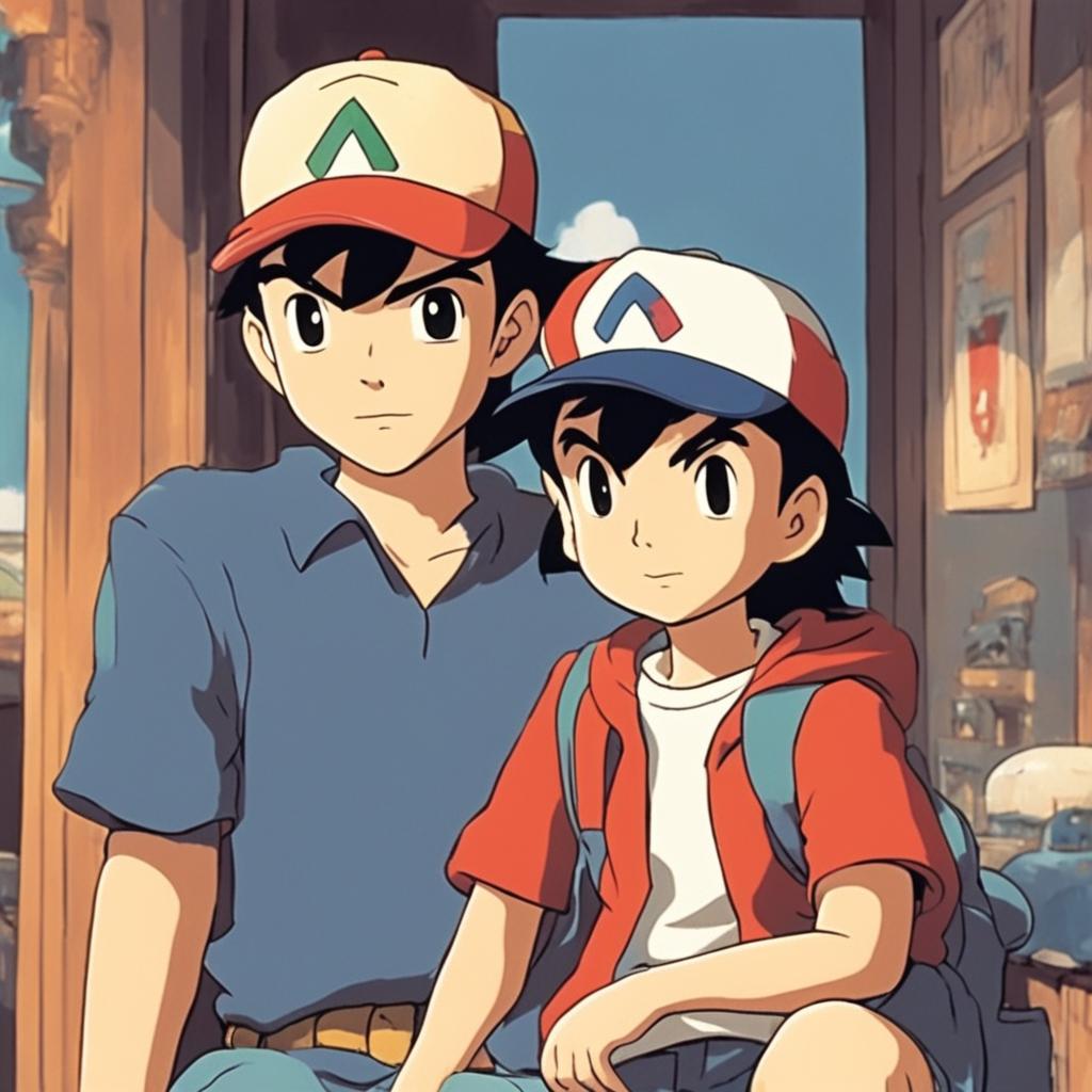 Solo Ash Ketchum in a 90s retro, Studio Ghibli-style scene with a grainy filter effect.