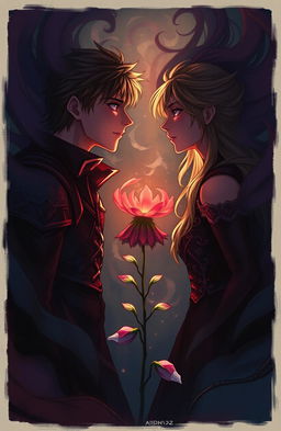 A dark and emotional illustration depicting two protagonists, Aiden and Zephyr, gazing intently at each other amidst swirling shadows that symbolize their intertwined past and destiny