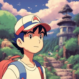 Solo Ash Ketchum in a 90s retro, Studio Ghibli-style scene with a grainy filter effect.