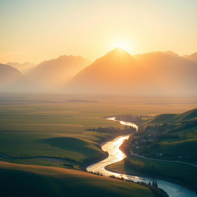 A beautiful landscape scene depicting the sun shining just above the majestic mountains