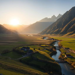 A beautiful landscape scene depicting the sun shining just above the majestic mountains