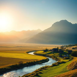 A beautiful landscape scene depicting the sun shining just above the majestic mountains