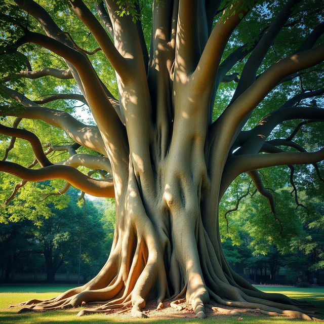 A majestic banyan tree with thick, sprawling roots and a rich canopy of vibrant green leaves, featuring an embedded image of PARAMASATTEE in a serene meditative pose