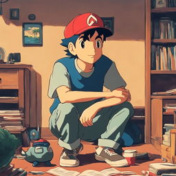 Solo Ash Ketchum in a 90s retro, Studio Ghibli-style scene with a grainy filter effect.