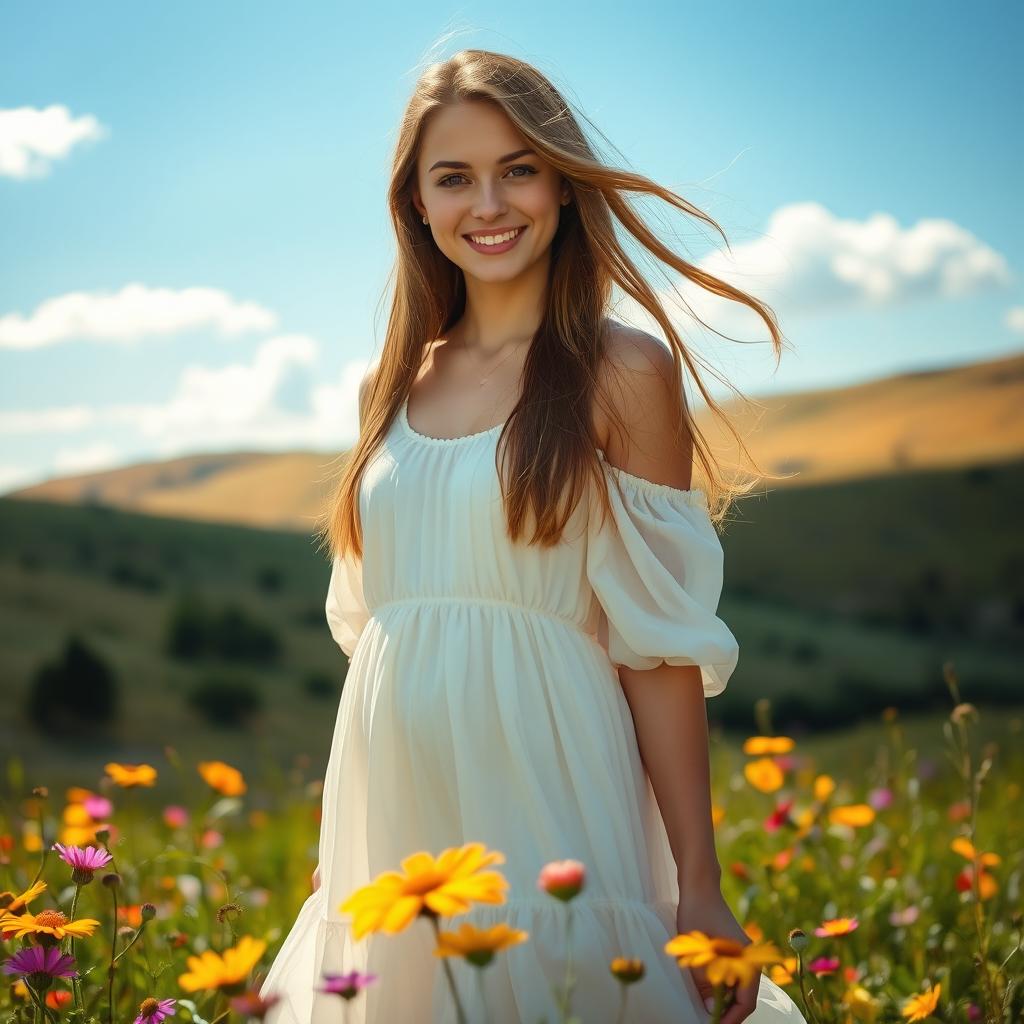 A captivating portrait of a young woman standing in a sunlit field, surrounded by vibrant wildflowers