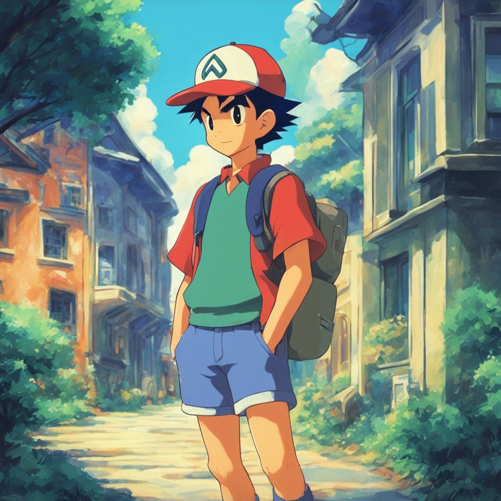 Solo Ash Ketchum in a 90s retro, Studio Ghibli-style scene with a grainy filter effect.