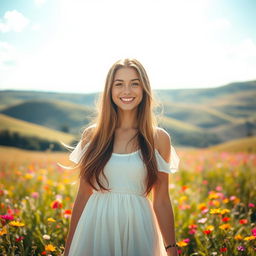 A captivating portrait of a young woman standing in a sunlit field, surrounded by vibrant wildflowers