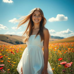 A captivating portrait of a young woman standing in a sunlit field, surrounded by vibrant wildflowers