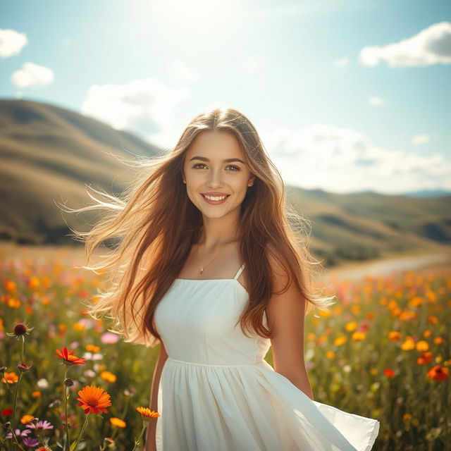 A captivating portrait of a young woman standing in a sunlit field, surrounded by vibrant wildflowers