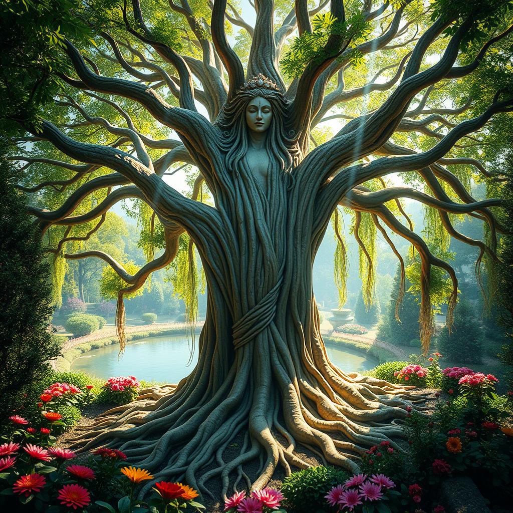 A grand banyan tree that intricately resembles a goddess, with majestic, flowing branches acting as hair and roots cascading down like a flowing gown