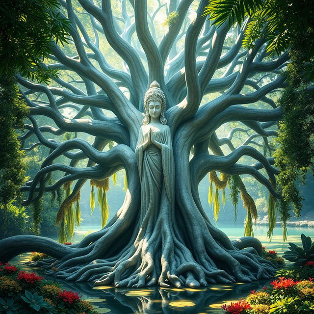 A grand banyan tree that intricately resembles a goddess, with majestic, flowing branches acting as hair and roots cascading down like a flowing gown