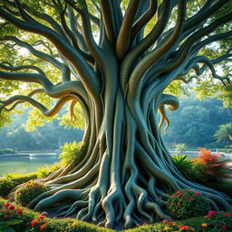 A grand banyan tree that intricately resembles a goddess, with majestic, flowing branches acting as hair and roots cascading down like a flowing gown