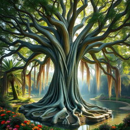 A grand banyan tree that intricately resembles a goddess, with majestic, flowing branches acting as hair and roots cascading down like a flowing gown