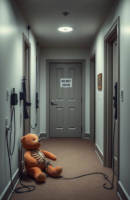 A well-lit hallway featuring three doors: the door on the right, further down the hall, opens into an office, while a closed central door takes up the entire space and displays a 'Do Not Enter' sign