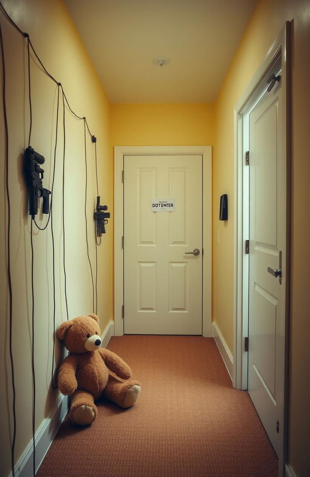 A well-lit hallway featuring three doors: the door on the right, further down the hall, opens into an office, while a closed central door takes up the entire space and displays a 'Do Not Enter' sign