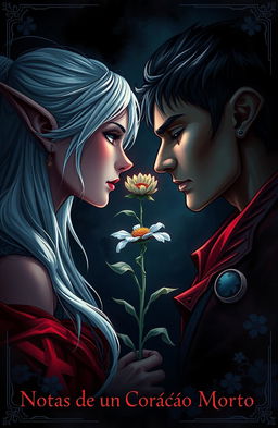 A captivating cover illustration for 'Notas de um Coração Morto', depicting the emotional dilemma of protagonists Aiden and Zephyr