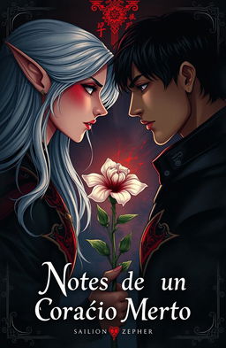 A captivating cover illustration for 'Notas de um Coração Morto', depicting the emotional dilemma of protagonists Aiden and Zephyr