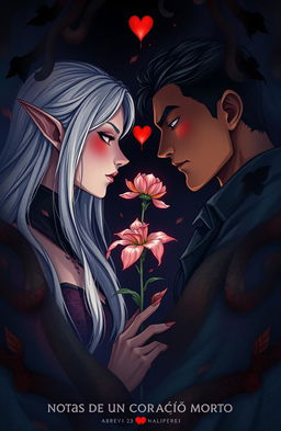A captivating cover illustration for 'Notas de um Coração Morto', depicting the emotional dilemma of protagonists Aiden and Zephyr