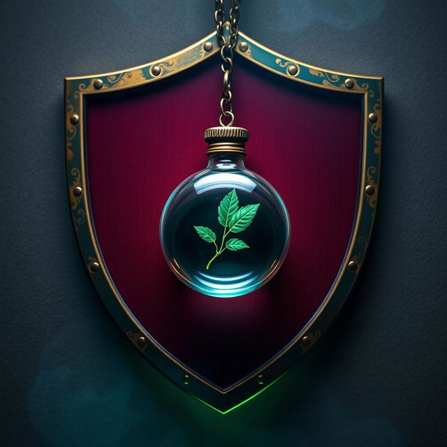 A shield emblem featuring rich colors inspired by the Harry Potter universe, specifically deep burgundy, gold, and emerald green