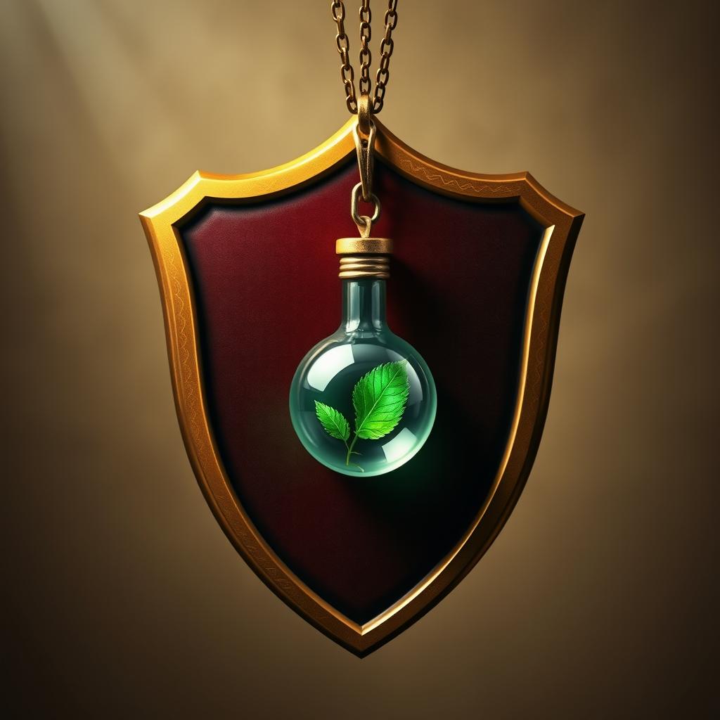 A shield emblem featuring rich colors inspired by the Harry Potter universe, specifically deep burgundy, gold, and emerald green