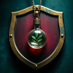 A shield emblem featuring rich colors inspired by the Harry Potter universe, specifically deep burgundy, gold, and emerald green