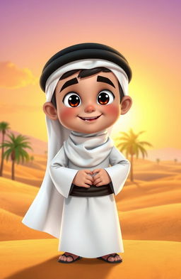 An animated character of a young Emirati boy dressed in traditional Emirati attire, featuring a white kandura (floor-length robe) and a black agal (headband) atop a white ghutrah (head scarf)