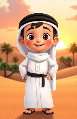 An animated character of a young Emirati boy dressed in traditional Emirati attire, featuring a white kandura (floor-length robe) and a black agal (headband) atop a white ghutrah (head scarf)