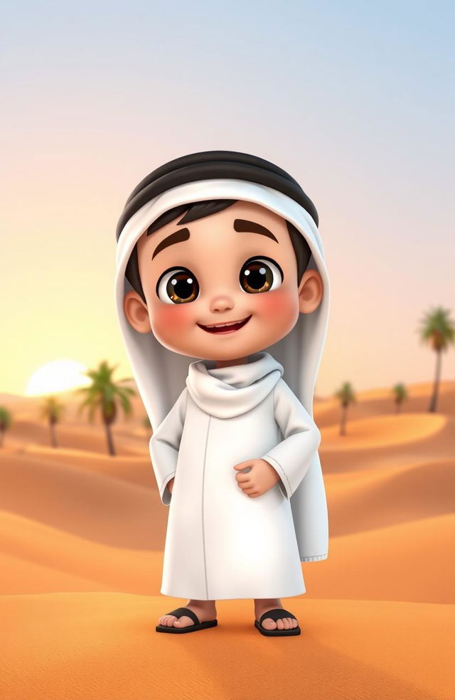 An animated character of a young Emirati boy dressed in traditional Emirati attire, featuring a white kandura (floor-length robe) and a black agal (headband) atop a white ghutrah (head scarf)