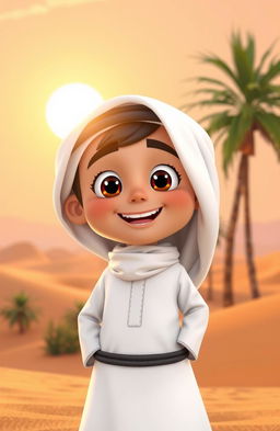 An animated character of a young Emirati boy dressed in traditional Emirati attire, featuring a white kandura (floor-length robe) and a black agal (headband) atop a white ghutrah (head scarf)