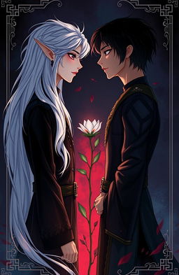 An illustration depicting Aiden and Zephyr from 'Notas de um Coração Morto', standing face to face with intense emotions