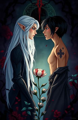 An illustration depicting Aiden and Zephyr from 'Notas de um Coração Morto', standing face to face with intense emotions