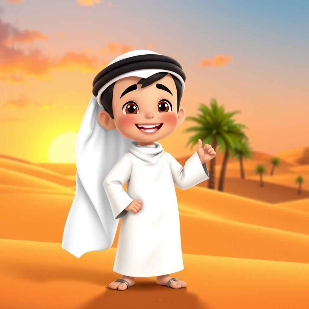 An animated character of a young Emirati boy dressed in traditional Emirati clothing, including a pristine white kandura (long robe) and a black agal (headband) holding a white ghutrah (head scarf)