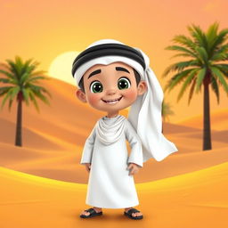 An animated character of a young Emirati boy dressed in traditional Emirati clothing, including a pristine white kandura (long robe) and a black agal (headband) holding a white ghutrah (head scarf)