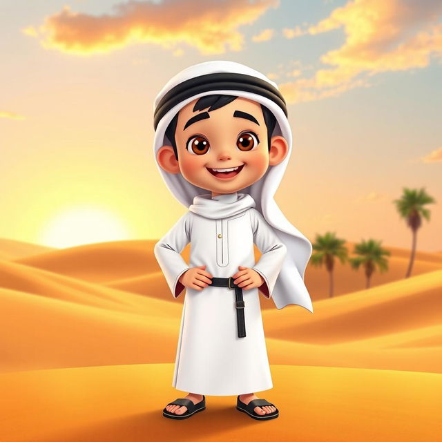 An animated character of a young Emirati boy dressed in traditional Emirati clothing, including a pristine white kandura (long robe) and a black agal (headband) holding a white ghutrah (head scarf)