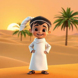 An animated character of a young Emirati boy dressed in traditional Emirati clothing, including a pristine white kandura (long robe) and a black agal (headband) holding a white ghutrah (head scarf)