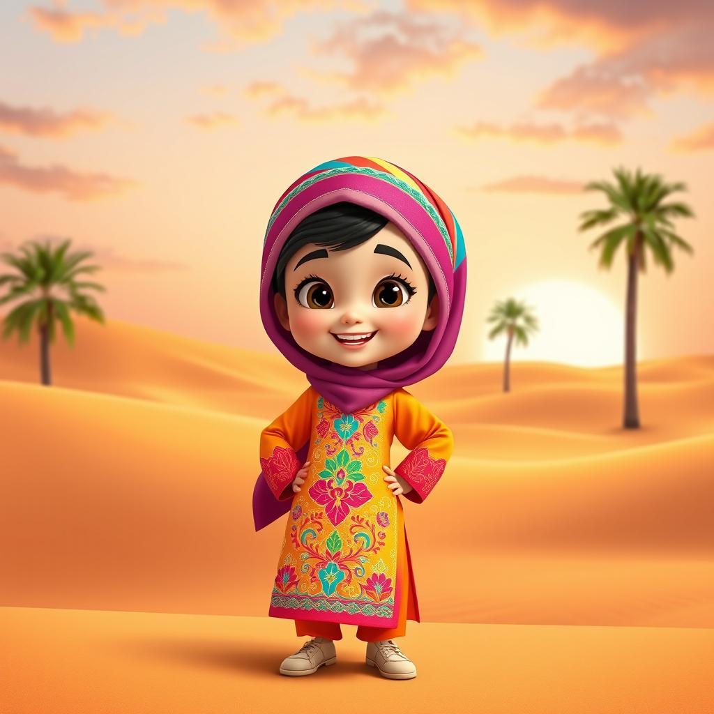 An animated character of a young Emirati girl dressed in traditional Emirati clothing, wearing a vibrant embroidered dress (called a 'abaya') adorned with intricate designs and patterns, and a colorful headscarf ('shayla') elegantly styled