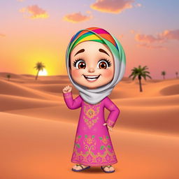 An animated character of a young Emirati girl dressed in traditional Emirati clothing, wearing a vibrant embroidered dress (called a 'abaya') adorned with intricate designs and patterns, and a colorful headscarf ('shayla') elegantly styled