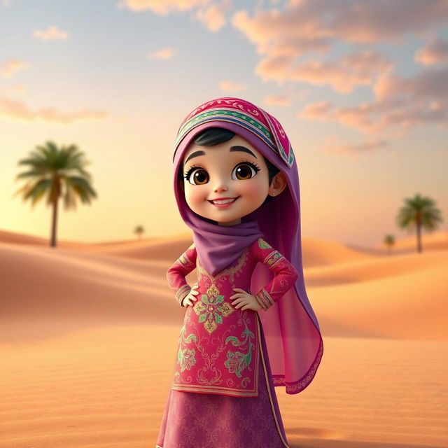 An animated character of a young Emirati girl dressed in traditional Emirati clothing, wearing a vibrant embroidered dress (called a 'abaya') adorned with intricate designs and patterns, and a colorful headscarf ('shayla') elegantly styled