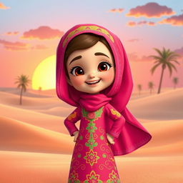 An animated character of a young Emirati girl dressed in traditional Emirati clothing, wearing a vibrant embroidered dress (called a 'abaya') adorned with intricate designs and patterns, and a colorful headscarf ('shayla') elegantly styled