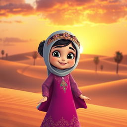 An animated character of a young Emirati girl wearing a traditional colorful abaya, beautifully detailed with intricate embroidery and embellishments